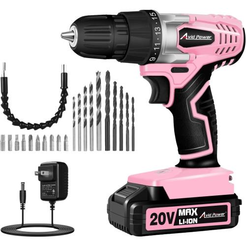 AVID POWER 20V MAX Lithium lon Cordless Drill Set, Power Drill Kit with Battery and Charger, 3/8-Inch Keyless Chuck, Variable Speed, 16 Position and 22pcs Bits (Pink)