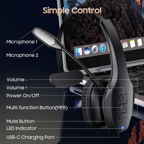 Trucker Bluetooth Headset, Wireless Headset with Mic, Bluetooth Headsets with Dual Noise Cancelling Microphone & Mute Button, 55Hrs Working Time PC Headsets for Cell Phones, Computer, Truck Driver