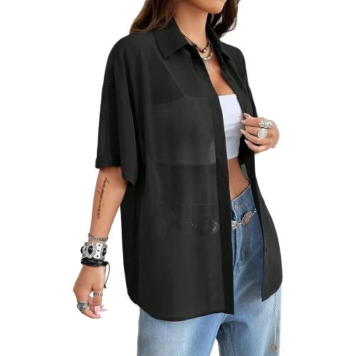 Women 2XL Mesh Button Down Top Half Sleeve Collared Shirt Blouse
