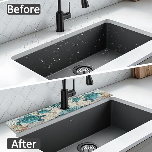 24 X 5.5 Kitchen Sink Splash Guard Faucet Mat Sea Turtles Super Absorbent Fast Drying Faucet Guard & Draining Mat Sink Splash Guard Behind Faucet for Kitchen, Bathroom