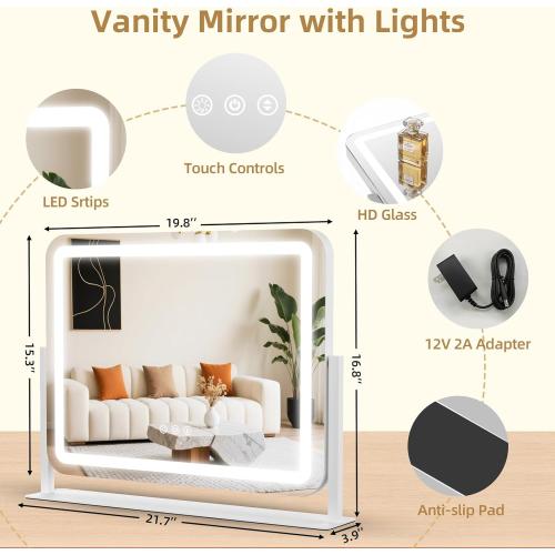 Vanity Mirror with Lights 22x17, Lighted Makeup Mirror with 10X Magnification 4.5, 3 Color Dimmble Lights, Touch Control, 360° Rotation, Metal Frame, Women's Gift, For Bedroom/Dressing Room, White