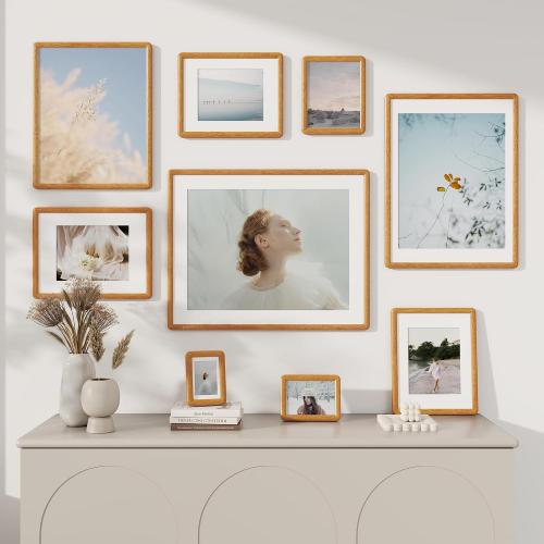 Acovy A3 Picture Frame, Solid Natural Teak Wood Photo Frame with Tempered Glass,A3 Wood Picture Frame with Mat for A4 Photos,Curved Rounded Corner Wooden Frames,Wall or Tabletop Display
