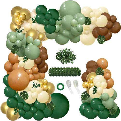 142pcs Jungle Safari Wild One Balloon Arch Kit, Sage Green and Brown Balloon Garland with Palm Leaves for Woodland Tropical Shower Birthday Jungle Party Decoration