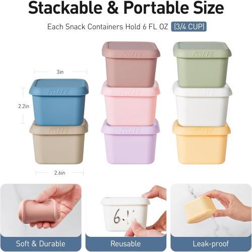 ISSEVE 8Pack 6oz Silicone Snack Containers for Kids with Lids, Reusable