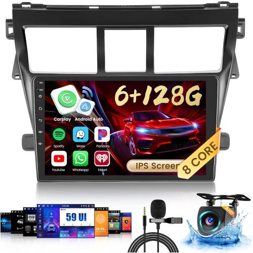 8 Core 6 128G Android 15 Car Stereo Upgrade Radio for Toyota Yaris Vios 2007-2012, 9'' Touch Screen with Wireless CarPlay & Android Auto, AHD Backup Camera, Mirror Link, GPS Navigation