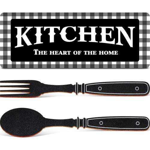 Jetec Kitchen Sign Buffalo Plaid Kitchen Decor Black and White Wall Decor Wooden the Heart of the Home Sign Black and White Checkered Fork and Spoon Vintage Wall Decoration for Farmhouse Restaurant