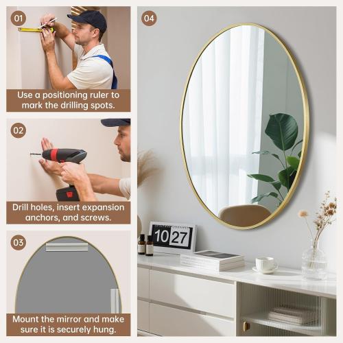 Gold Oval Mirror for Bathroom, 26x38 Inch Oval Bathroom Mirror with Brushed Metal Frame, Wall Mounted Decorative Vanity Mirror for Bathroom, Living Room, Entryway