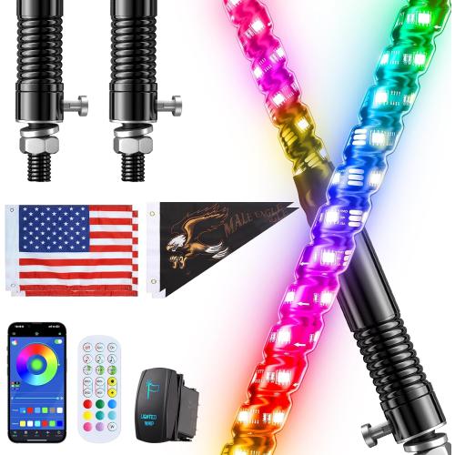 Ehaho 2PCS 2FT Whip Lights w/Spring Base, RGB Chasing, APP & Remote Control | IP67 LED Whip Lights for Side by Side with 366  Light Modes, Music Sync, Brake/Turn/Reverse, Switch for UTV ATV RZR SXS