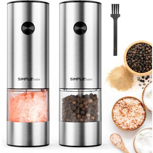 SIMPLETASTE Electric Salt and Pepper Grinder Set Automatic One Handed, Stainless Mill Shakers with Lights and Adjustable Coarseness, Battery Operated
