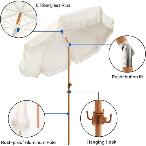 6.5ft Patio Umbrella with Fringe, Beach Umbrella, Fringe Umbrella Outdoor Patio with Hanging Hook, Tilting Aluminum Pole, UV 50 , Fiberglass Ribs, Elegant Cream