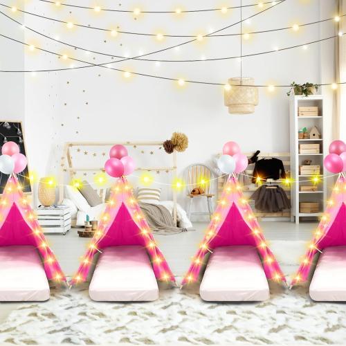 6 Pack Sleepovers Teepee Tent for Kids Bulk with Mattress Sheet Light,Natural Cotton Washable Indoor Play Tent for Birthday Slumber Party Girls Boys Pajama Movie Night Supplies(Rose Red)