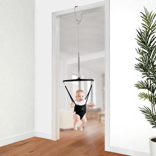 Jolly Jumper Iconic (Black), Doorway Baby Jumper, Indoor Exercise Saddle Seat, Adjustable Height, for Infants up to 28lbs, No Stand Required