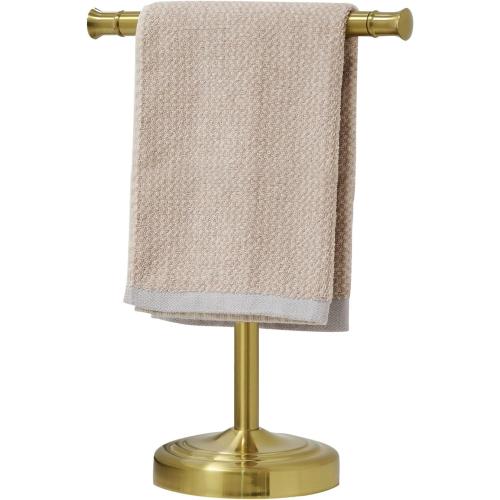 RUMOSE 13 Inch Brushed Gold Towel Stand Hand Towel Holder Bathroom Kitchen Vanity Countertop T-Shape Towel Rack Free Standing Stainless Steel Towel Bar Towel Ring