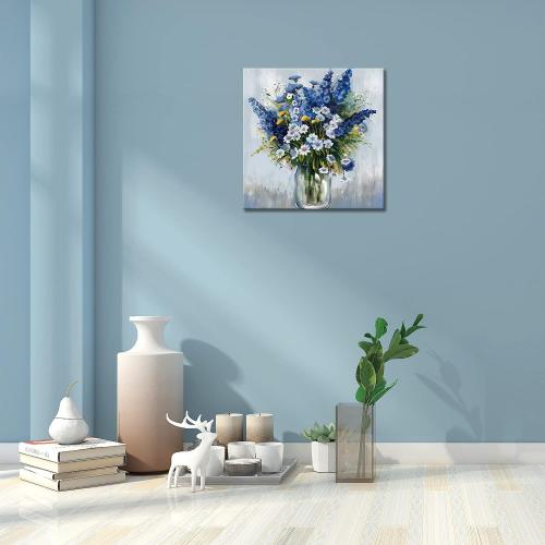 Blue and White Flower Wall Art, Bathroom Floral in vase Canvas Print Nature Scenery Wall Art for Living Room Bedroom Wall Painting Decoration Modern Artwork