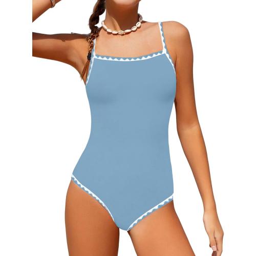 WIQI Girls Swimsuit One Piece Bathing Suit Color Contrast Trim Girls' Swimwear with Cover Up Skirt Size 9-16