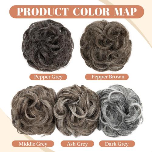 Color Dark Grey CJL HAIR 2PCS Messy Bun Hair Pieces Wavy Curly Synthetic Updo Chignon Fake Scrunchies Ponytail Extension for Women Dark Grey