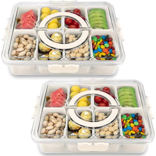 HRXFOZ Divided Serving Tray with Lid and Handle, 8 Compartment Snack Box, Portable Snack Platter for Fruits, Veggies, Nuts, Party Entertaining, Picnic (1 PCS)