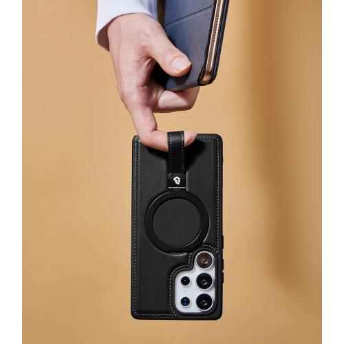 for Samsung Galaxy S25 Ultra Case Leather with Stand, Anti-Slip Grip Ring, Fits for MagSafe (Black, S25 Ultra)