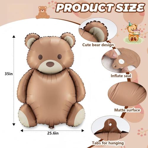 Simgoing 12 Pcs 21x35'' Big Brown Bear Balloons Matte Cartoon Bear Foil Birthday Balloons for Home Decor Jungle Animal Farm Safari Zoo Woodland Themed Party Baby Shower Decoration Supplies (Classic)