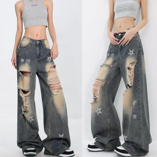 Size S/M Fashion Vintage High Waisted Baggy Wide Leg Ripped Jeans Y2K Star Washed Casual Straight Leg Denim Pants