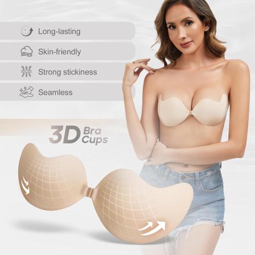 Cmojsk Strapless Sticky Push-Up Bra for Women,Adhesive Invisible Backless Nipple Covers,2 Pair Black/Beige