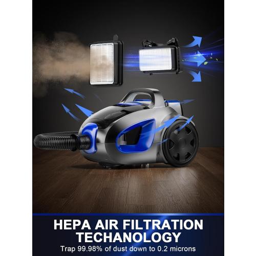 Canister Vacuum Cleaner, 40Kpa 1600W Cyclon Power, Dust Full Indicator, Double HEPA Filters, 3.7Qt Large Capacity, Lightweight Vac for Hard Floors, Carpets, Pet Hair, Blue