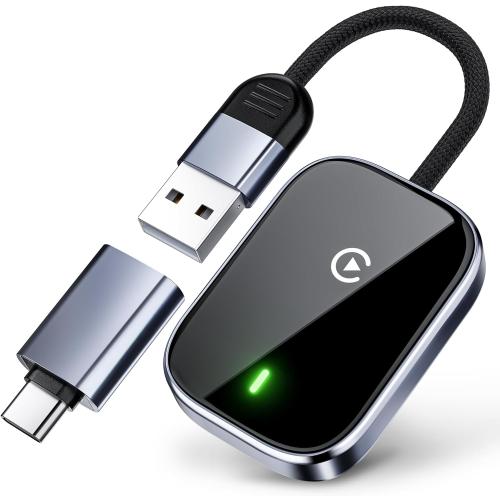 Redlake Wireless CarPlay Adapter for iPhone Mini Size Wireless Apple CarPlay Adapter for USB & USB-C/Type-C Plug and Play (Matte Black with Cable)