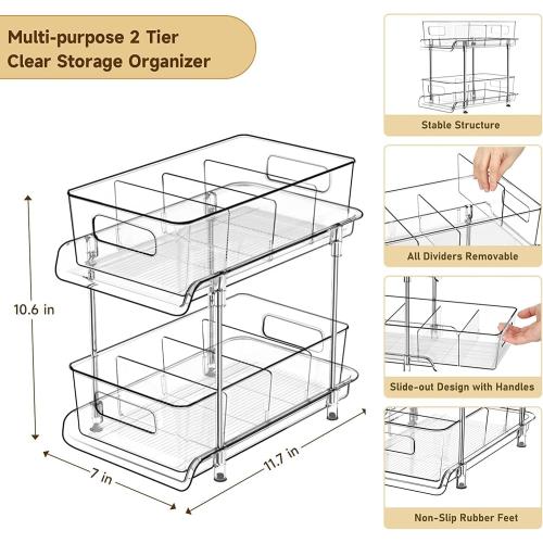 HIHEGD 2 Tier Bathroom Storage With Dividers, Clear Under Sink Pull Out Organizer for Kitchen Pantry, Medicine Cabinet