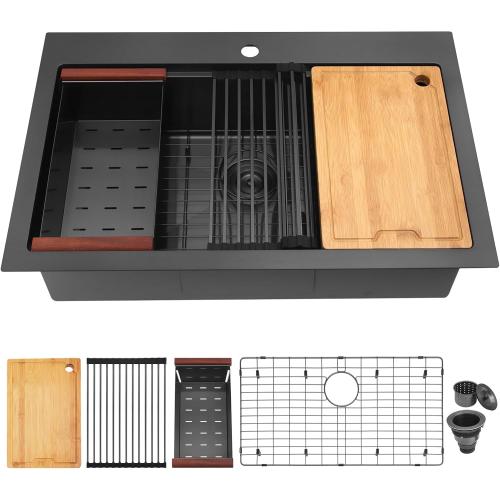 Black Drop In Sink 33x22, Matte Black Stainless Steel Sink Drop In 33x22, 16 Gauge Stainless Steel Black Kitchen Sink with Workatation Ledge and Abundant Accessories