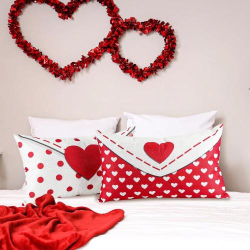 2 Pcs Valentines Day Pillow Cover 12 x 20 Inch Envelope Throw Pillow Cover Red Heart Polka Dots Farmhouse Cushion Case Anniversary Wedding Cushion Case Decoration Gifts for Sofa Couch Bed