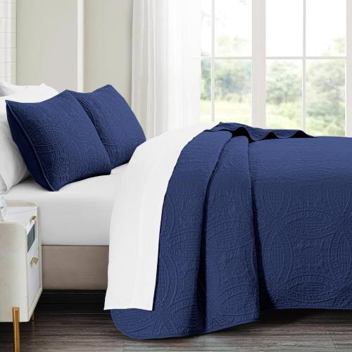 Quilt Bedding Set,Navy Blue Ultrasonic Quilt Set,Lightweight Soft Bedspread Coverlet,Modern Style Coin Pattern Bed Cover for All Seasons,3 Piece(1 Quilt,2 Pillow Shams)