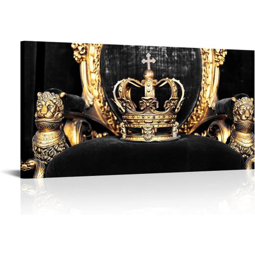 Saypeacher Vintage Gold Crown Canvas Wall Art Black and Gold Pictures for Wall King and Queen Crown Painting for Bedroom Modern Decorations 24x48