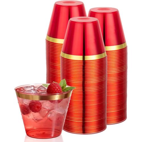 Goodluck 50PCS 9oz Red and Gold Plastic Cups for Party, Disposable Gold Rim Cups, Plastic Cocktail Glasses for Wedding Thanksgiving, Christmas, and Parties