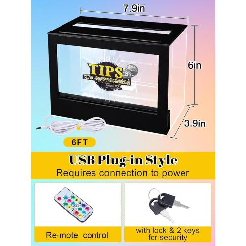 Light Up Tip Jar for Money - Acrylic Donation Ballot Box for Bartender with 2 Sign Holders, Re-mote, LED Light, Lock- Suggestion Box Tip Box for Restaurants Musicians Voting Charity, USB Powered