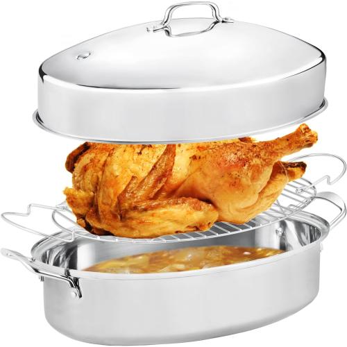 22 Large Roasting Pan with Rack and Lid,Oval Turkey Roaster Pan for oven,Stainless Steel Roasting Pan with rack,Best Gift for Mother or Father.