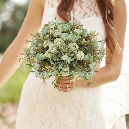 5 Stems 10 Heads Artificial Flowers Small Roses with Leaf Bouquet for Valentines Decoration Kitchen Wedding Office (2 Pack, Green)