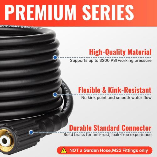 YAMATIC Pressure Washer Hose 50FT 1/4 ID, Standard (2) M22 Brass Fittings, 3200 PSI Kink-Resistant Replacement for Ryobi, Troy Bilt, Greenworks, CRAFTSMAN M22 Threads Power Washers