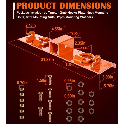 Bonbo Tractor Grab Hooks Compatible with Kubota Tractors - Bolted on Compact Tractor Bucket Grab Hooks with D Rings and 2 Receiver, Orange