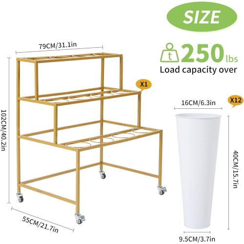Flower Cart Display Stand, 3 Layers Metal Flower Bar Stand with 360° Swivel Wheels and Brake, Flower Display stand with Iron Buckets, Durable than Plastic Buckets, Flower Holder for Florist or Wedding