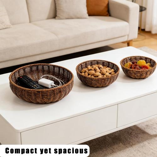 Set of 3 Small Round Wicker Baskets, Fruit Bread Baskets for Serving, Handwoven Rattan Bowl Storage Organizer for Kitchen Brown