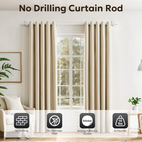 Curtain Rods No Drilling for Windows, 5/8″ No Drill/Adhesive Holder white Curtain Rod Brackets, Renter Friendly Adjustable Drapery Pole Easy Install, white, 32″-72″