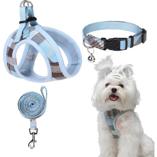EXPAWLORER Classic Plaid Puppy Harness - Small Dog Collar and Leash with AirTag Holder Case - Soft Mesh Padded Adjustable Dog Vest Harness No Pull, Reflective Escape Proof for Outdoor, Blue XS