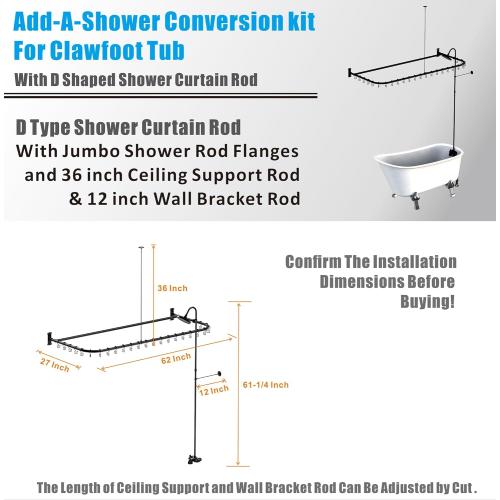 Clawfoot Tub Shower Kit,Add On Shower With Bathcock Diverter Faucet and 60 D Type Claw foot Tub Shower Curtain Rod Kit,D-Style Shower Rod and Clawfoot Tub Shower Faucet Set,Matte Black