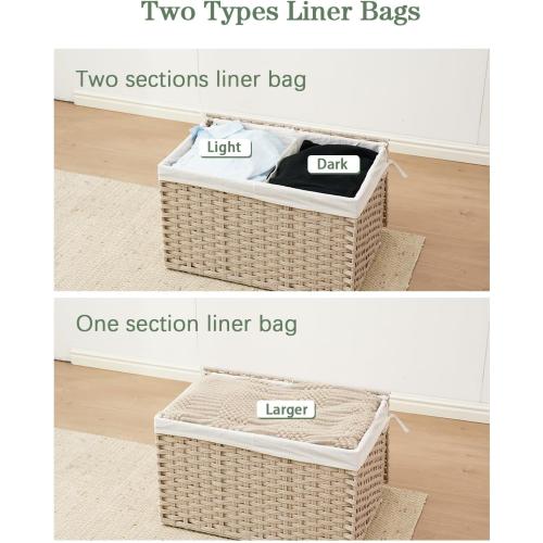 SETVSON Storage Basket with Lid Rattan Woven Storage Baskets with 2 Separate Lids, 17.2 Gallon (65 L) Wicker Storage Bins Foldable 2 Removable Liner Bags Handles for Bedroom, Laundry Room Light Khaki