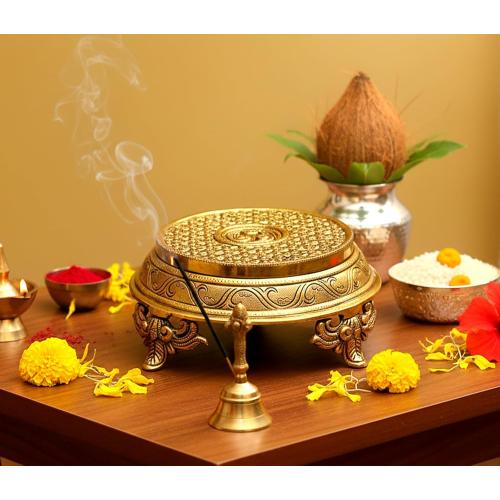 eSplanade Brass Decorative Round Pooja God Stool | Brass Chowki | Home Decor Sitting Table - 7 Inches