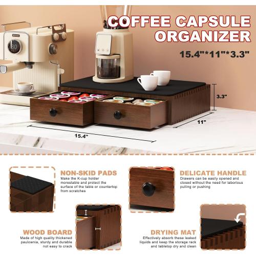 K Cup Holder, Wooden K Cup Organizer Box for Counter, Tea and Coffee Pod Storage Drawer Coffee Maker Stand, 30 Pod Capacity, Walnut Black