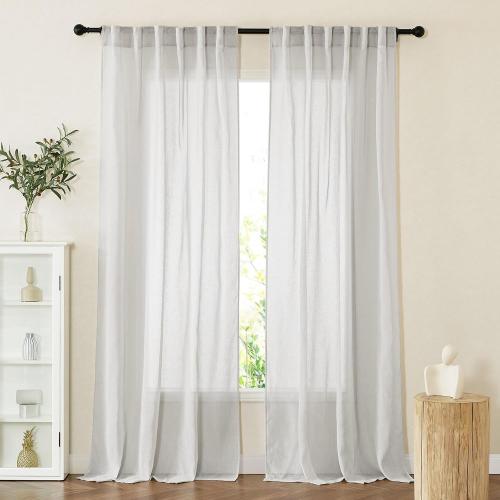 PONY DANCE Linen Curtains 96 inches Long - 2 Panels Natural Flax Blended Sheer Drapes for Living Room, Window Treatments Panels for Patio Glass Door/Bedroom, 52 x 96 in, Natural