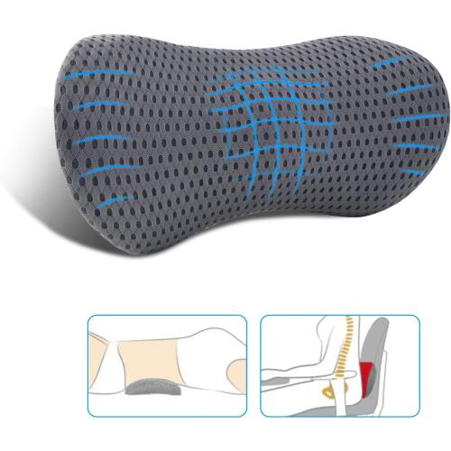 Grey Lumbar Pillow, Memory Foam Lumbar Support Pillow for Office Chair and Car Seat, Back Support Pillow for Lower Back Pain Relief, Support Cushion Back Pillow for Sleeping, Driving, Resting