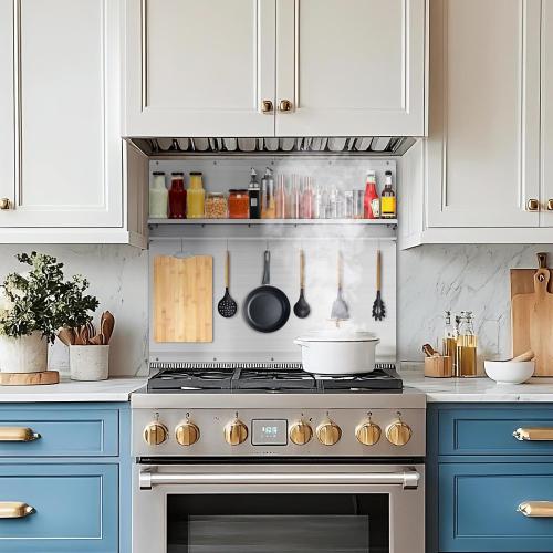 Size 30x24 Stainless Steel Backsplash for Stove & Hood, Stove Backsplash with Storage Shelf & Hanging Rack, Easy-Clean Kitchen Wall Splash Guard & Protector