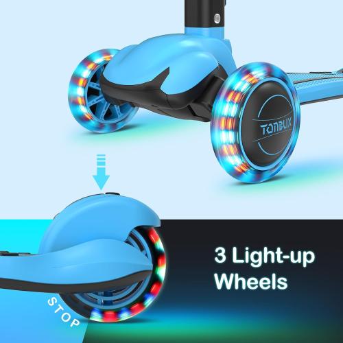 TONBUX Kids Scooter, Light Up 3 Wheel Kick Scooters for Kids 3-12, Folding Scooters with Adjustable Height - Toddler Scooter Lean-to-Steer & Widen Anti-Slip Deck